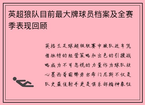 英超狼队目前最大牌球员档案及全赛季表现回顾
